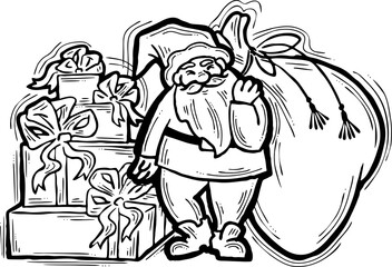 Fototapeta na wymiar Decorative composition with Santa Claus, his big sack full of gifts. Christmas and New Year composition for banner design, party invitation. Hand drawn illustration, cartoon style character drawing.