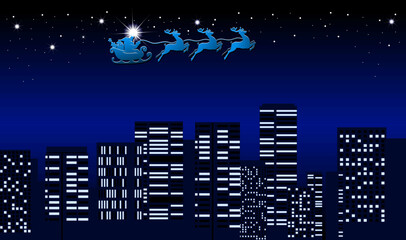 Christmas starry night cityscape with Santa silhouette in sleigh. Festive background for greeting card, invitation. Vector