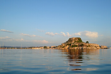 View from the sea of Corfu island and Sideros lighthouse.