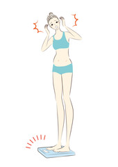 体重計に乗る太ってショックを受ける女性イラスト