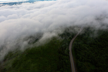 Aerial of US Route 219 in Fog in Late Evening - Allegheny Mountains, West Virginia - 549324209
