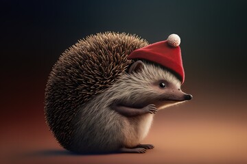 Cute hedgehog with christmas hat, christmas or new year's concept - obrazy, fototapety, plakaty