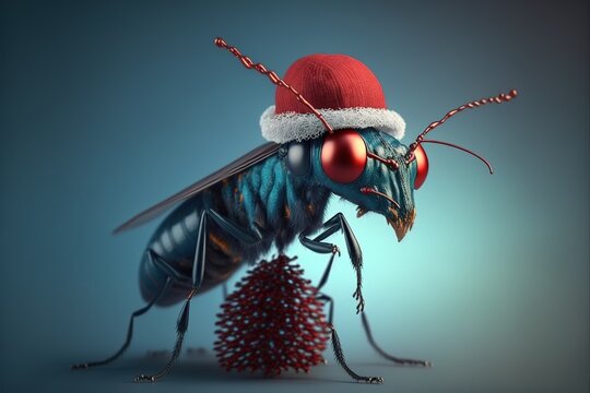 insect with christmas hat, 3d render, created with generative AI	