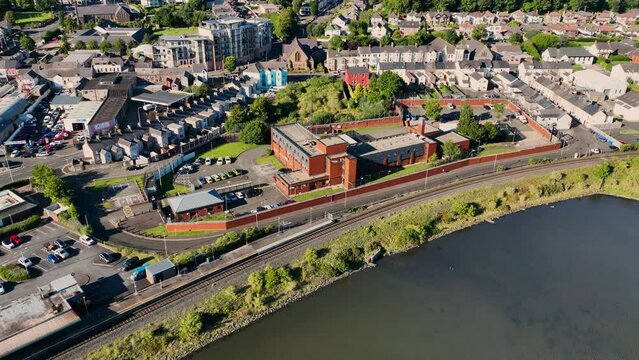 Aerial video of Larne Police Station Co Antrim Northern Ireland Police Service of Northern Ireland 