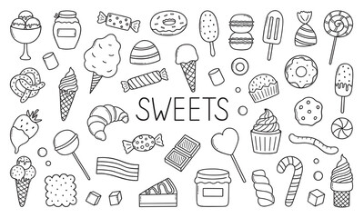 Sweets and candies doodle set. desserts in sketch style. Hand drawn vector illustration isolated on white background