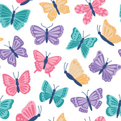 Seamless pattern of butterflies. Flying insects. Hand drawn vector illustration