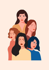 Abstract vector illustration of women coming together in friendship with solidarity and brotherhood of different nationalities.