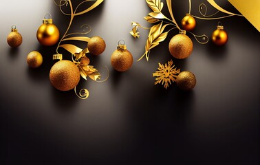 Luxury christmas golden decorations on dark black background.