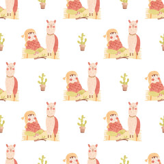 Llama and friends clipart - alpaca, Peru, llama with hat, watercolor, cactus isolated elements, seamless patterns for birthday nursery decoration