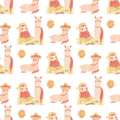 Llama and friends clipart - alpaca, Peru, llama with hat, watercolor, cactus isolated elements, seamless patterns for birthday nursery decoration