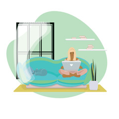 Freelance people work in comfortable conditions vector flat illustration. Freelancer character working from home at relaxed pace, convenient workplace. woman self employed concept.a girl with a laptop