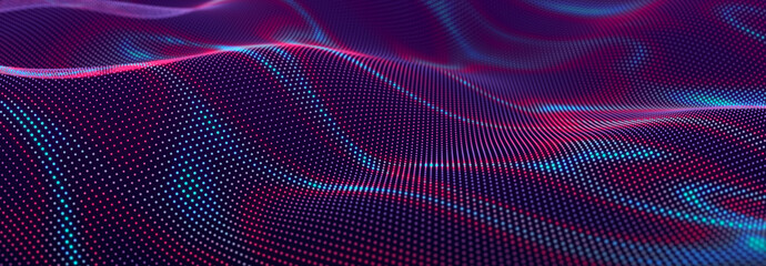 Particle stream. Purple background with many glowing particles. Information technology background. 3d rendering.