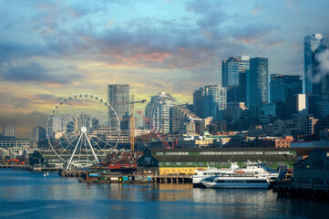 Fototapeta na wymiar Colorful Seattle, Washington, Waterfront At Sunrise. View of the newly renovated attractions along the waterfront area without the old viaduct. 