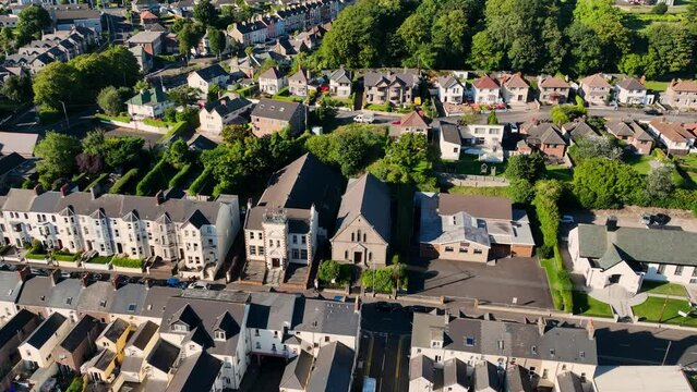Aerial video of Larne District Memorial Orange Hall County Antrim Northern Irel
