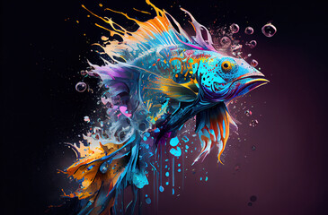 Colorful fish illustration on of a splash of paint background. colorful paints smudges, spatter. generated sketch art	