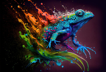 Colorful frog illustration on of a splash of paint background. colorful paints smudges, spatter. generated sketch art	