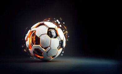 mechanical futuristic soccer ball or football explosion in white and black glossy material with neon burning and glowing details isolated, digital 3D icon illustration with matte painting