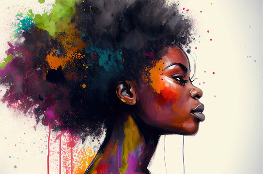 Stylized portrait of a beautiful black girl, with paint splashes. colorful paints smudges, spatter. generated sketch art