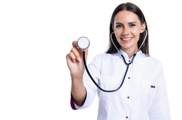 selective focus of happy cardiologist with heartbeat in stethoscope at studio. stethoscope