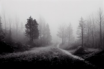 Fototapeta na wymiar old looking photo of a path through a forest with fog at morning