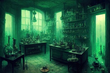 old room, many potions on shelves, gloving potions, bright reflective green liquid in potion - obrazy, fototapety, plakaty
