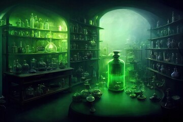 old room, many potions vials on shelves, gloving potions, bright reflective green liquid in potion