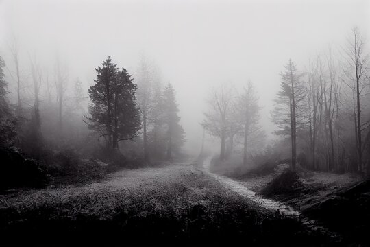 old looking photo of a path through a forest with fog at morning