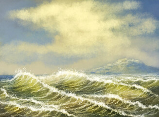 Beautiful morning at sea, morning breeze, beautiful waves. Digital watercolor paintings sea  landscape, waves on the sea