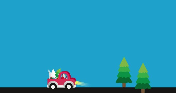 Santa Claus driving red car on forest road with blue screen background.