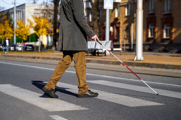 Blind man with a cane walks along a pedestrian crossing in autumn