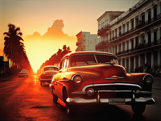 Vibrant illustration of American vintage cars in Havana, Cuba at sunset. Colorful exotic retro Havana's streets make a magnigicent magical cityscape., Generative AI