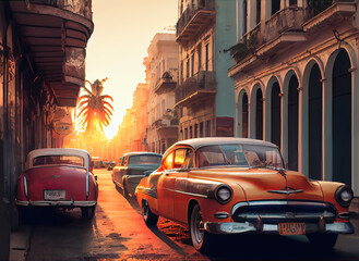 Vibrant illustration of American vintage cars in Havana, Cuba at sunset. Colorful exotic retro Havana's streets make a magnigicent magical cityscape., Generative AI - obrazy, fototapety, plakaty