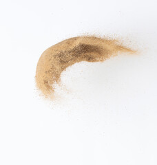 Fototapeta na wymiar Sand flying explosion, Golden sand wave explode. Abstract sands cloud fly. Yellow colored sand splash throwing in Air. White background Isolated high speed shutter, throwing freeze stop motion