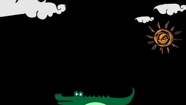 Crocodile cartoon animal, animated character. smooth circular walk.
with a black background, and there are moving elements of clouds and sun.
