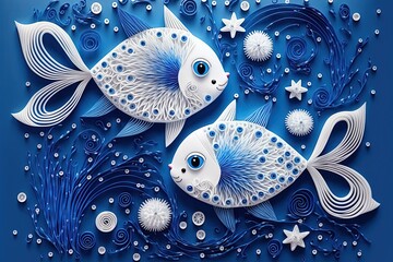 Cute fluffy ragdoll of Pisces zodiac sign made of 3D paper cut quilling. New year horoscope and hope of fortune for the future. - obrazy, fototapety, plakaty