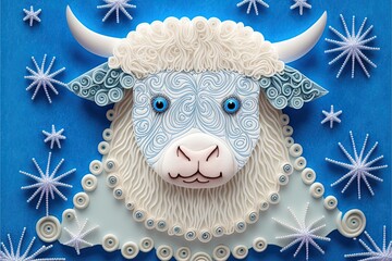 Cute fluffy ragdoll of Taurus zodiac sign made of 3D paper cut quilling. New year horoscope and hope of fortune for the future.