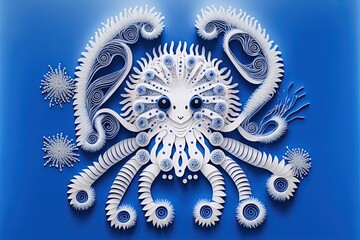 Cute fluffy ragdoll of Cancer zodiac sign made of 3D paper cut quilling. New year horoscope and hope of fortune for the future.