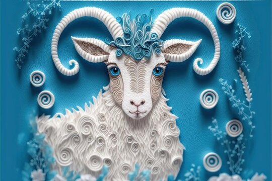 Cute fluffy ragdoll of Capricorn zodiac sign made of 3D paper cut quilling. New year horoscope and hope of fortune for the future.