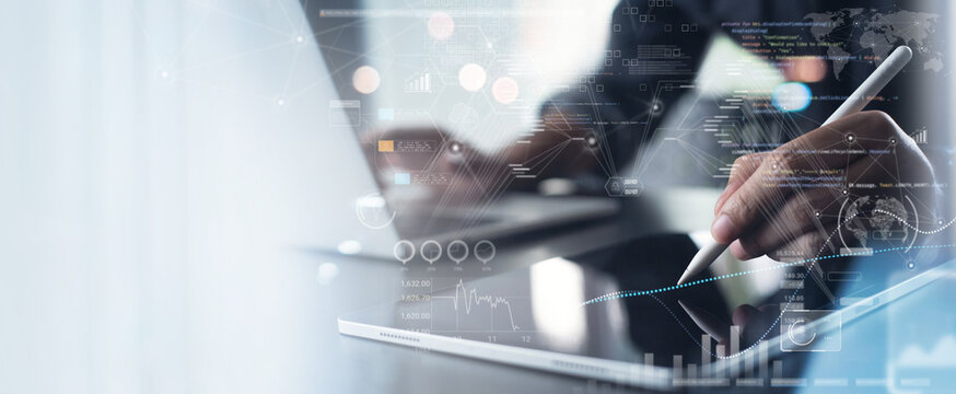 Data science, software development, digital technology concept. Computer programmer, software engineer with global internet networking and big data processing on digital tablet, market research - Powered by Adobe