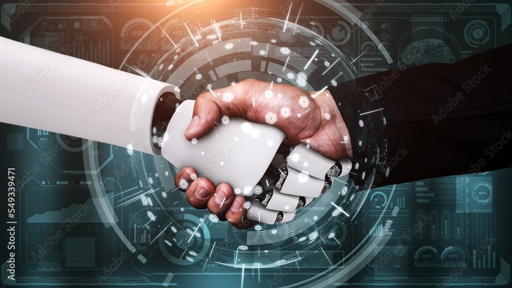 Poster 3d rendering hominoid robot handshake to collaborate future technology development by ai thinking br