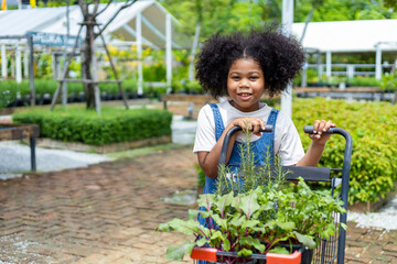 Portrait of African kid is choosing vegetable and herb plant from the local garden center nursery...