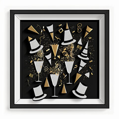 Layered Paper Cut Illustration of a New Year's Eve Party Celebration with Drinks, Hats, and Confetti in Black and Gold