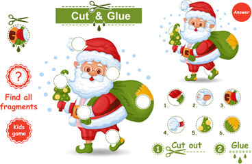Cut and glue New Year Santa Claus missing puzzle piece, paper education children game. Finish drawing cute grandfather old man with Christmas tree, holiday presents bag. Kid logic learning task vector