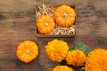 Ripe pumpkins and flowers on wooden table, flat lay