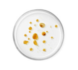 Petri dish with bacteria on white background, top view