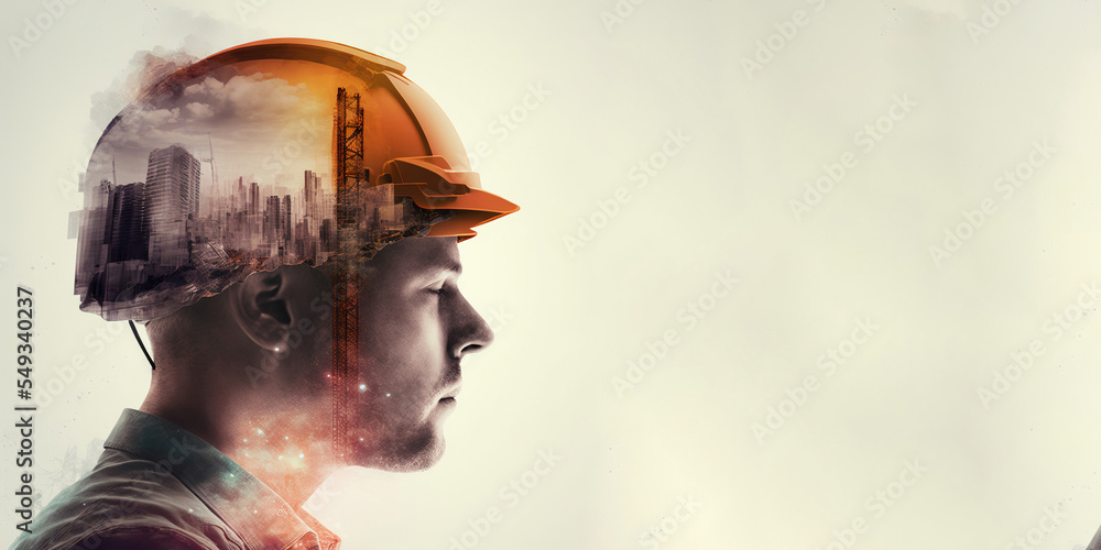 Poster future building construction engineering project devotion with double exposure graphic design. build
