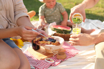 Family with cute child having picnic on sunny day in garden, closeup