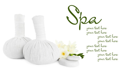 Herbal massage bags, flowers and spa stones on white background, space for text