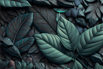 Pattern leaves stone 3d render abstract background, modern, elegant. Artistic template for design