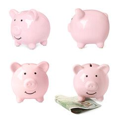 Set with piggy banks on white background